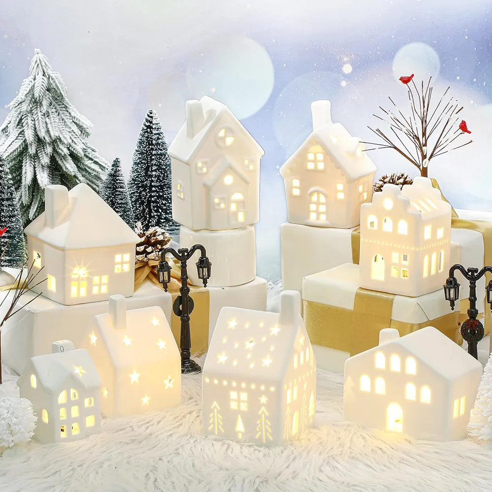 Cindeer 26 Pcs Ceramic Christmas Village Set, 8 LED Christmas Village Houses, 16 Christmas Trees ... | Amazon (US)