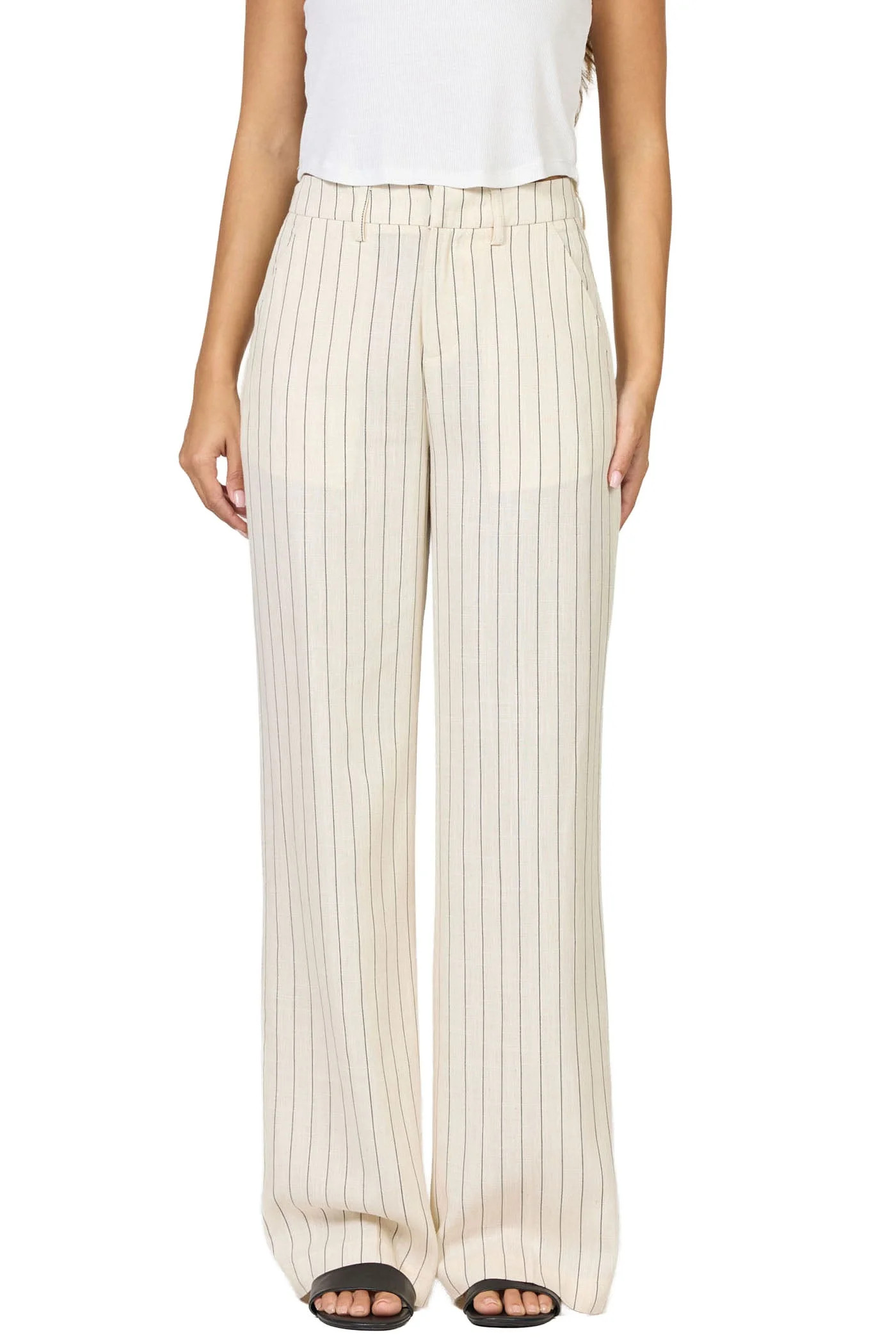 BRANDY WIDE LEG HIGH RISE REGULAR INSEAM WOMEN PANT COLOR BEIGE CREAM BLACK STRIPE CLEAN HEM SLAN... | Dear John Denim