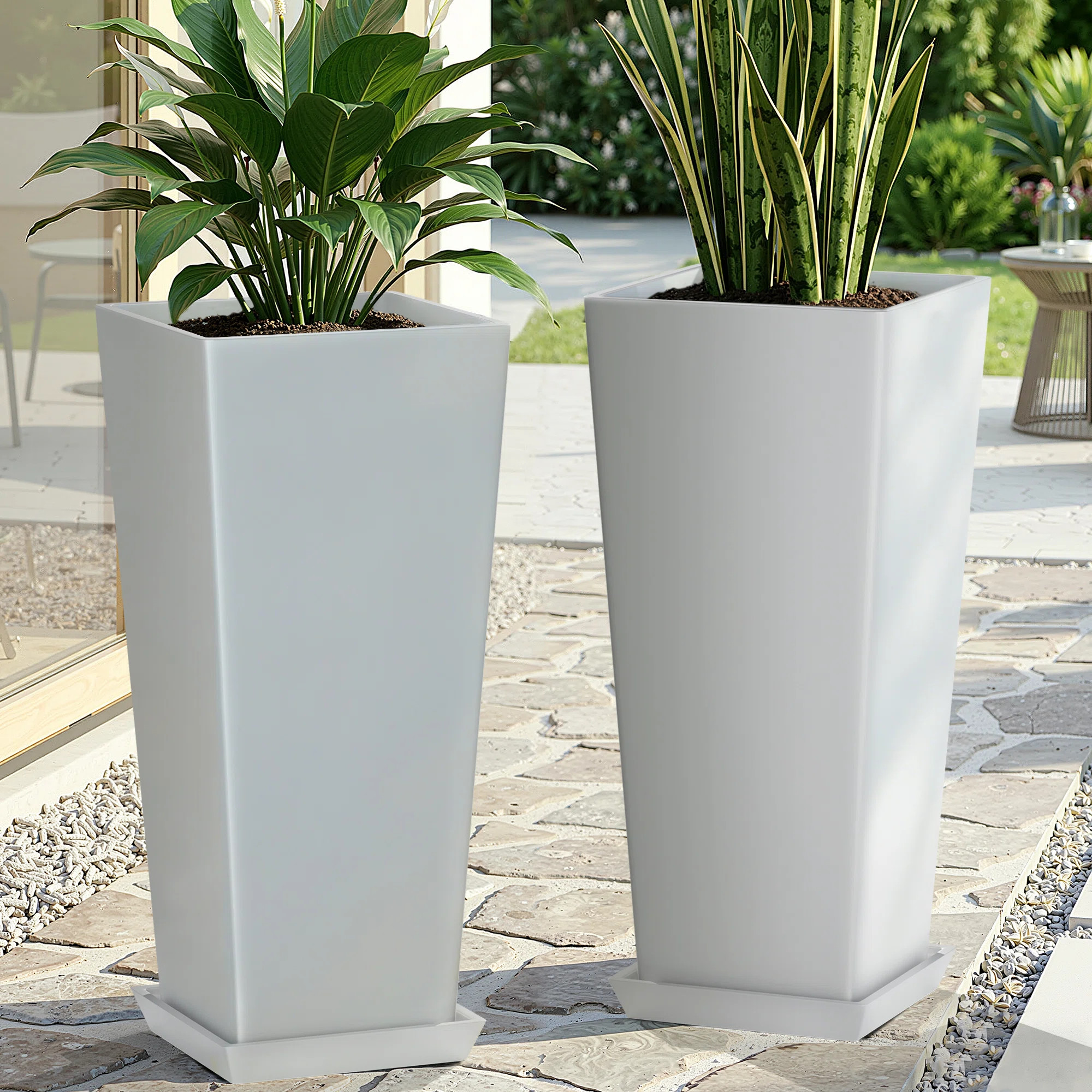 Lenoris 24'' H Large Tall Planters with Saucers, Heavy-Duty Tall Floor Planters, White Outdoor Pl... | Wayfair North America