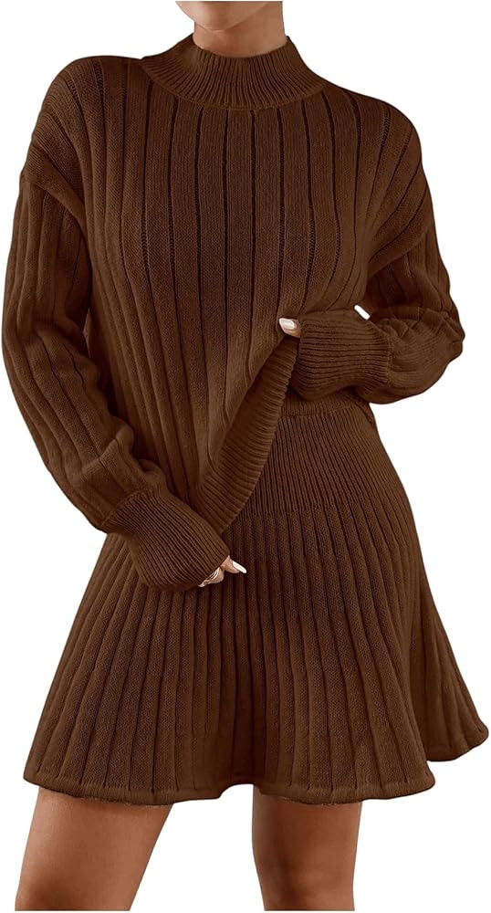 MakeMeChic Women's Sweater Skirt Sets 2 Piece Outfits Ribbed Knit Mock Neck Sweater Pullovers A L... | Amazon (US)