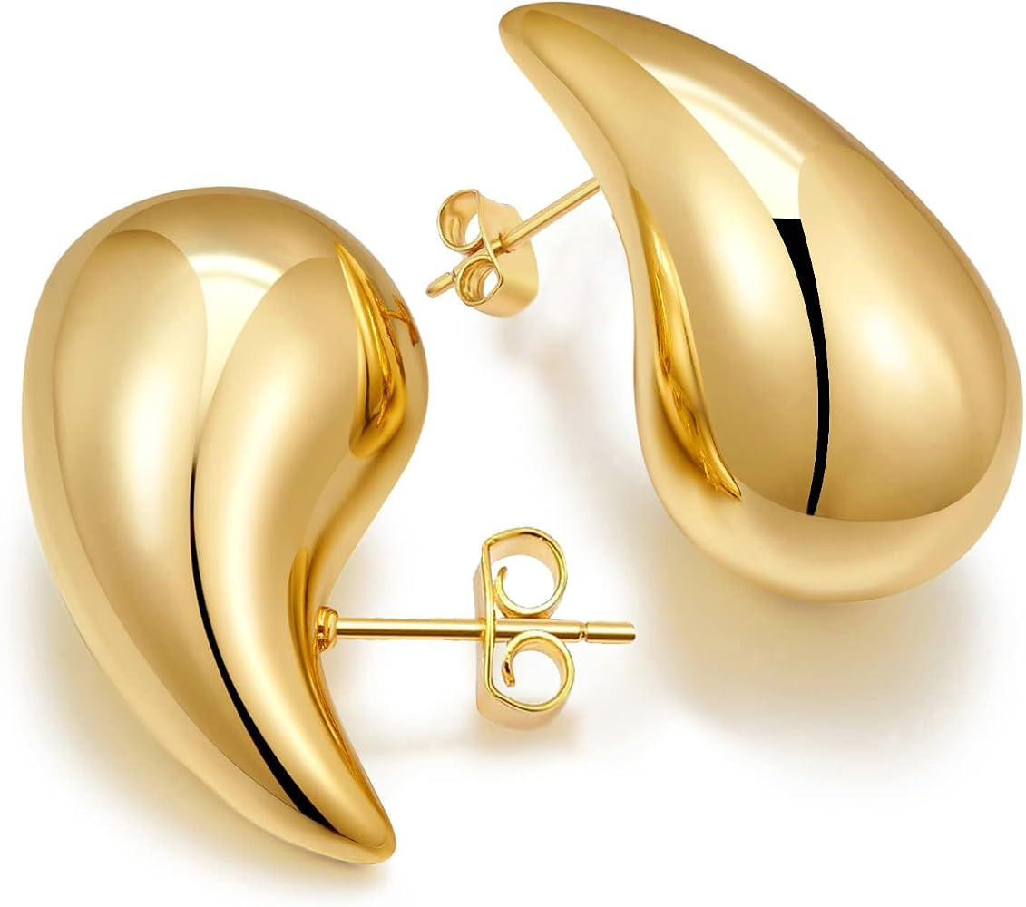 PANSHI Chunky Gold Hoop Drop Earrings Dupes | Sterling Silver Post Teardrop Earrings for Women | Amazon (US)