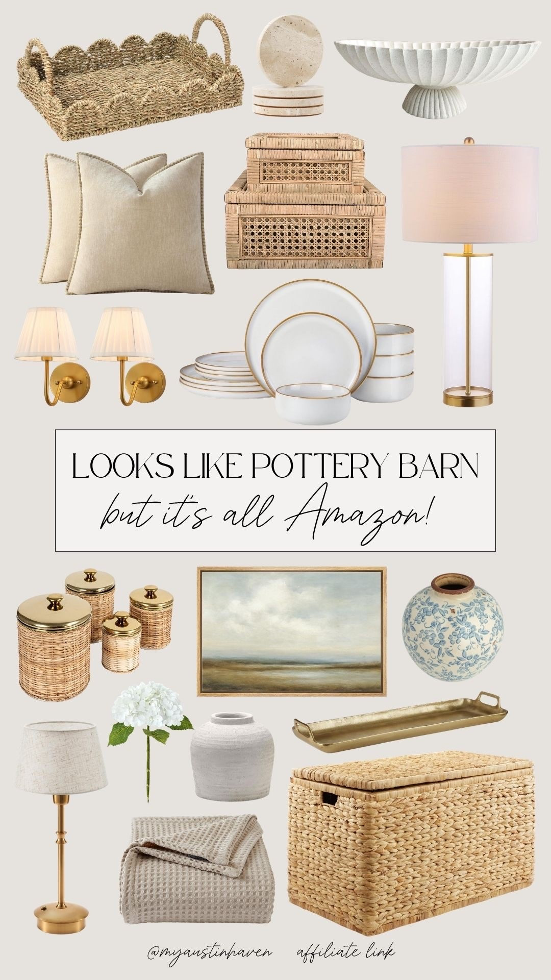 Amazon home finds that give the Pottery Barn look for less, from woven storage to timeless neutral decor. 🌿


Amazon home, Pottery Barn look for less, Amazon decor, home decor finds, neutral home decor, woven basket, rattan tray, cane boxes, scalloped tray, decorative bowl, throw pillows, gold lamps, wall sconces, dinnerware set, wicker canisters, landscape art, blue and white vase, brass tray, table lamp, hydrangea stem, ceramic vase, waffle throw blanket, storage basket, cozy home, classic decor, traditional home, affordable home finds.

#LTKHome #LTKSaleAlert