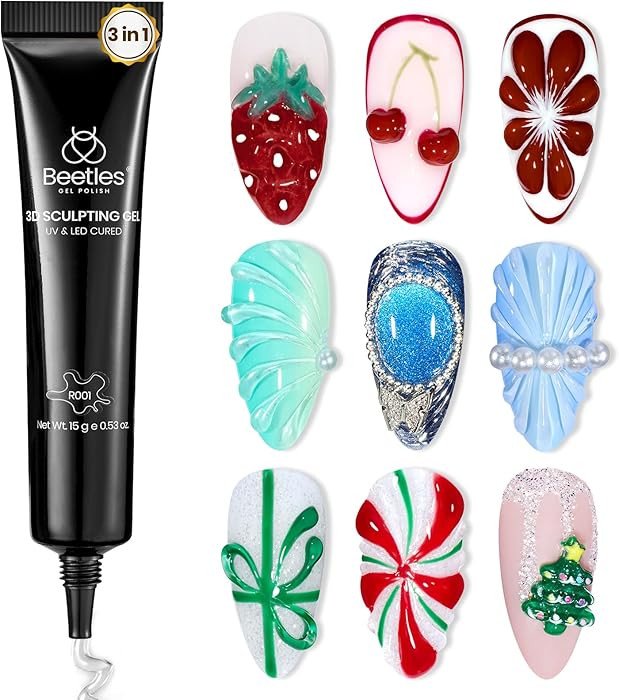 Beetles 3D Gel Nail Art, 1Pcs 15ml Sculpting Gel 3 in 1 Clear No Wipe Nail Polish Rhinestone Art ... | Amazon (US)