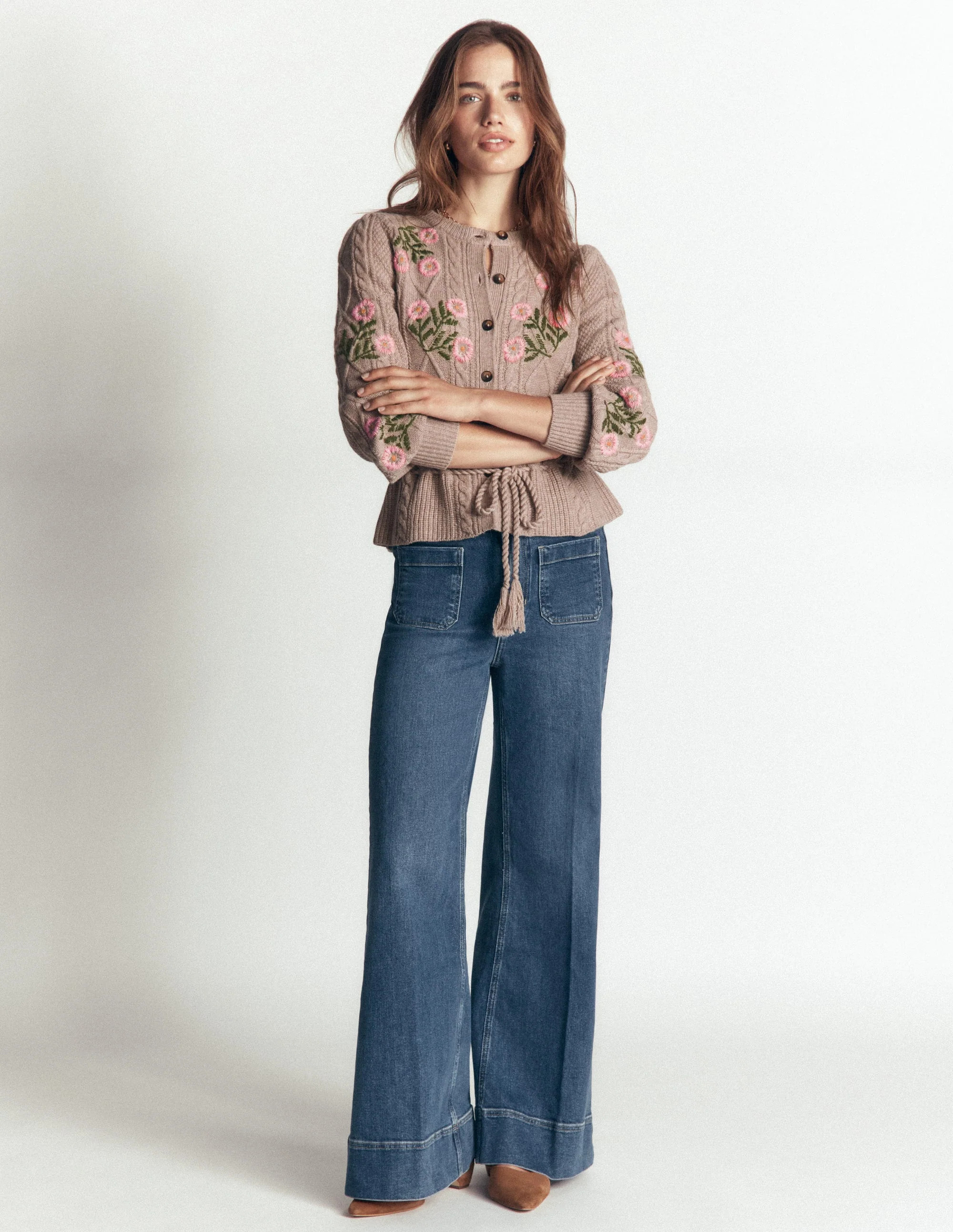 Cable Knitted Cardigan-Mink Melange, Embroidery | Boden (US)