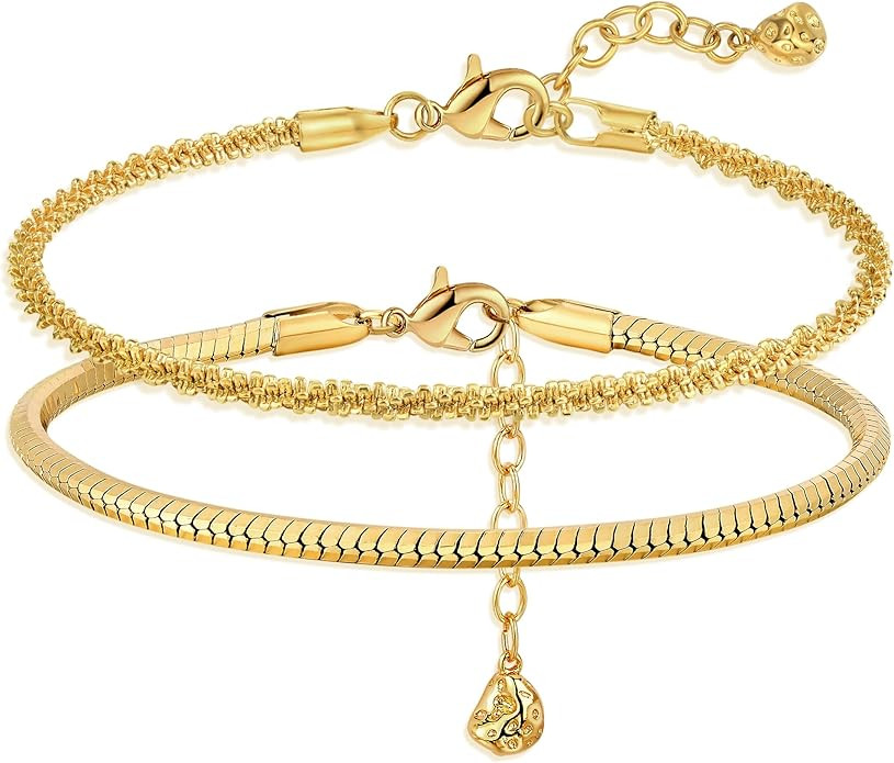 Gold Bracelets for Women 18K Gold Plated Dainty Layered Herringbone/Cuban/Figaro/Snake Chain Adju... | Amazon (US)