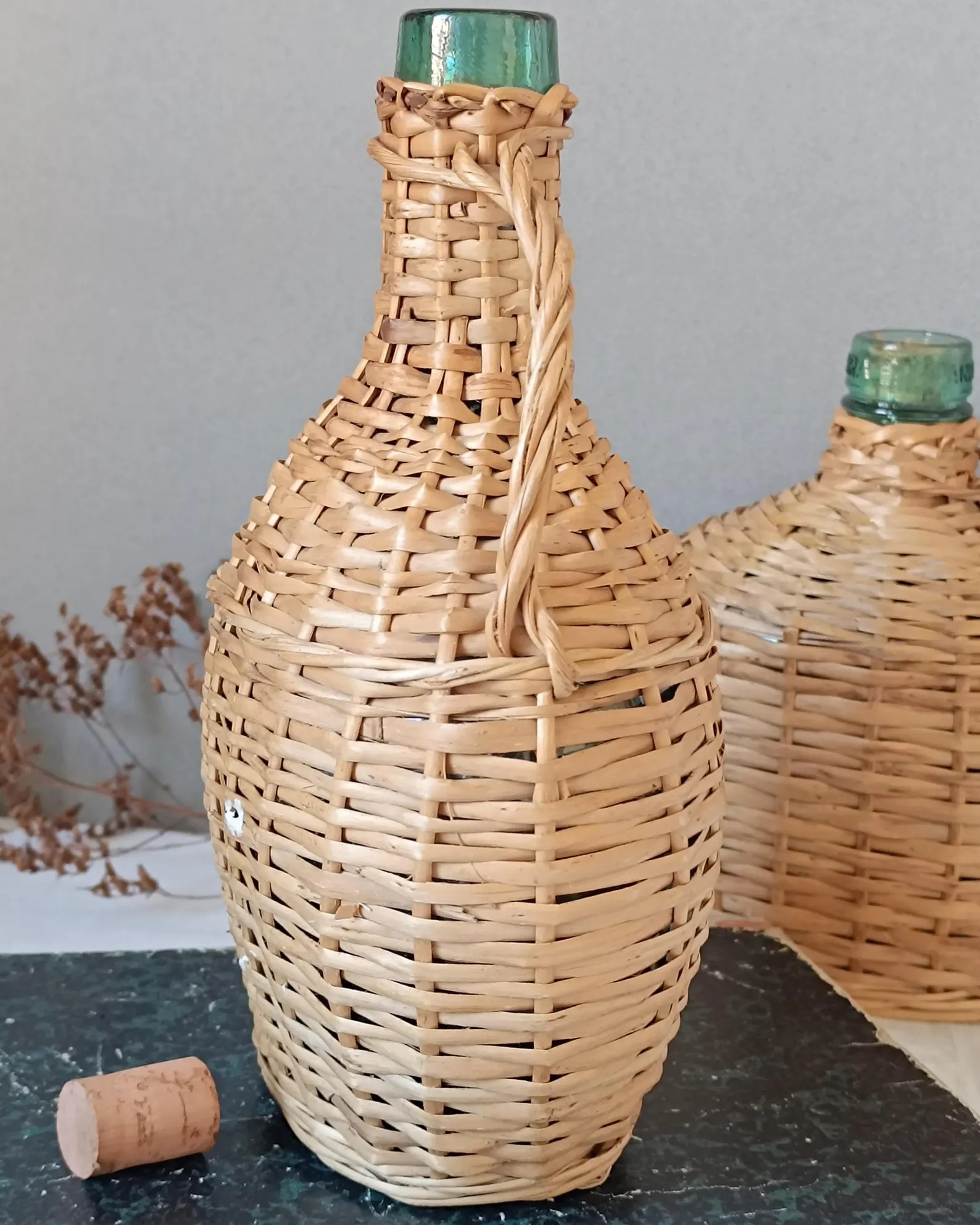 French Vintage Green Glass Bottle in Wicker Basket - 1950s Demijohn | Etsy (US)