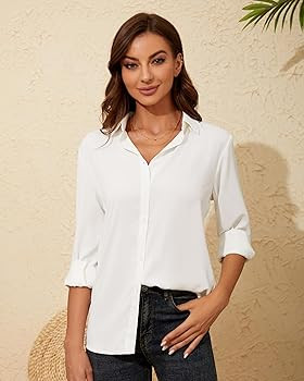 YAMANMAN Womens Button Down Shirt Long Sleeve Classic Collared Tops Work Office Casual Chiffon Bl... | Amazon (US)