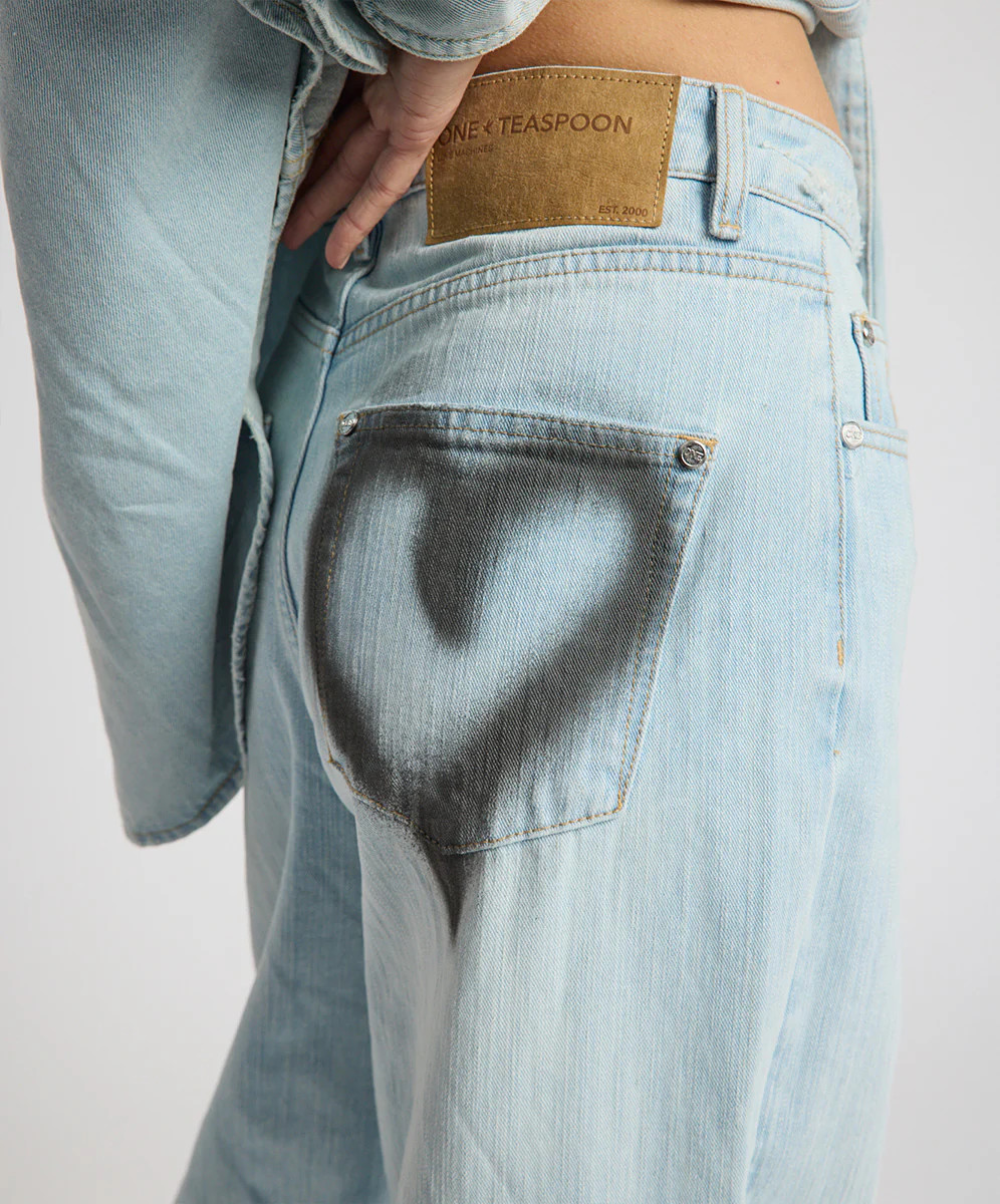 Love Machines Heart Mid Waist Super Wide Leg Denim - Sea Mist Love | One Teaspoon | OneTeaspoon