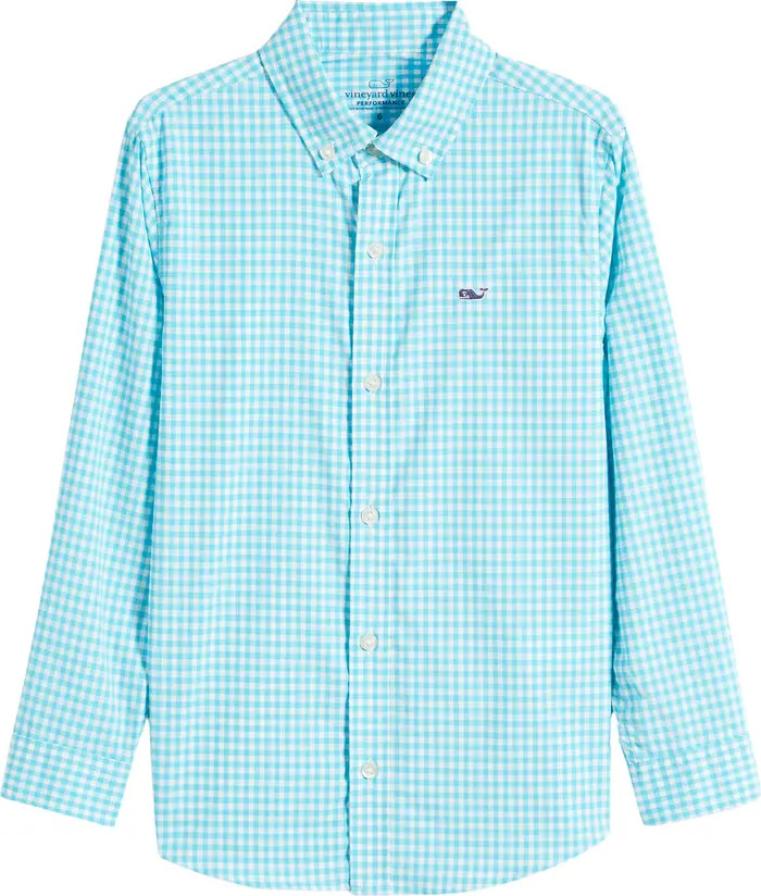 Kids' Gingham Performance Whale Button-Down Shirt | Nordstrom