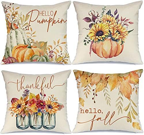 AENEY Fall Pillow Covers 18x18 Set of 4 for Fall Decor Pumpkin Maple Leaves Sunflower Vase Outdoo... | Amazon (US)