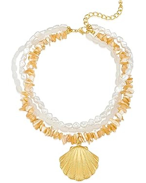 Gold Seashell Necklace For Women With Beach Sand And Bead Starfish Choker Necklace Ocean Chains N... | Amazon (US)