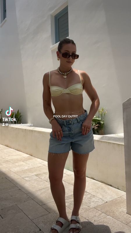 5/17/24 Beach day outfit 🫶🏼 Yellow swimsuit, beach day outfit, beach day outfit ideas, denim shorts, Jean shorts, summer outfits, summer outfit ideas, swimsuit outfits, swimwear outfits 