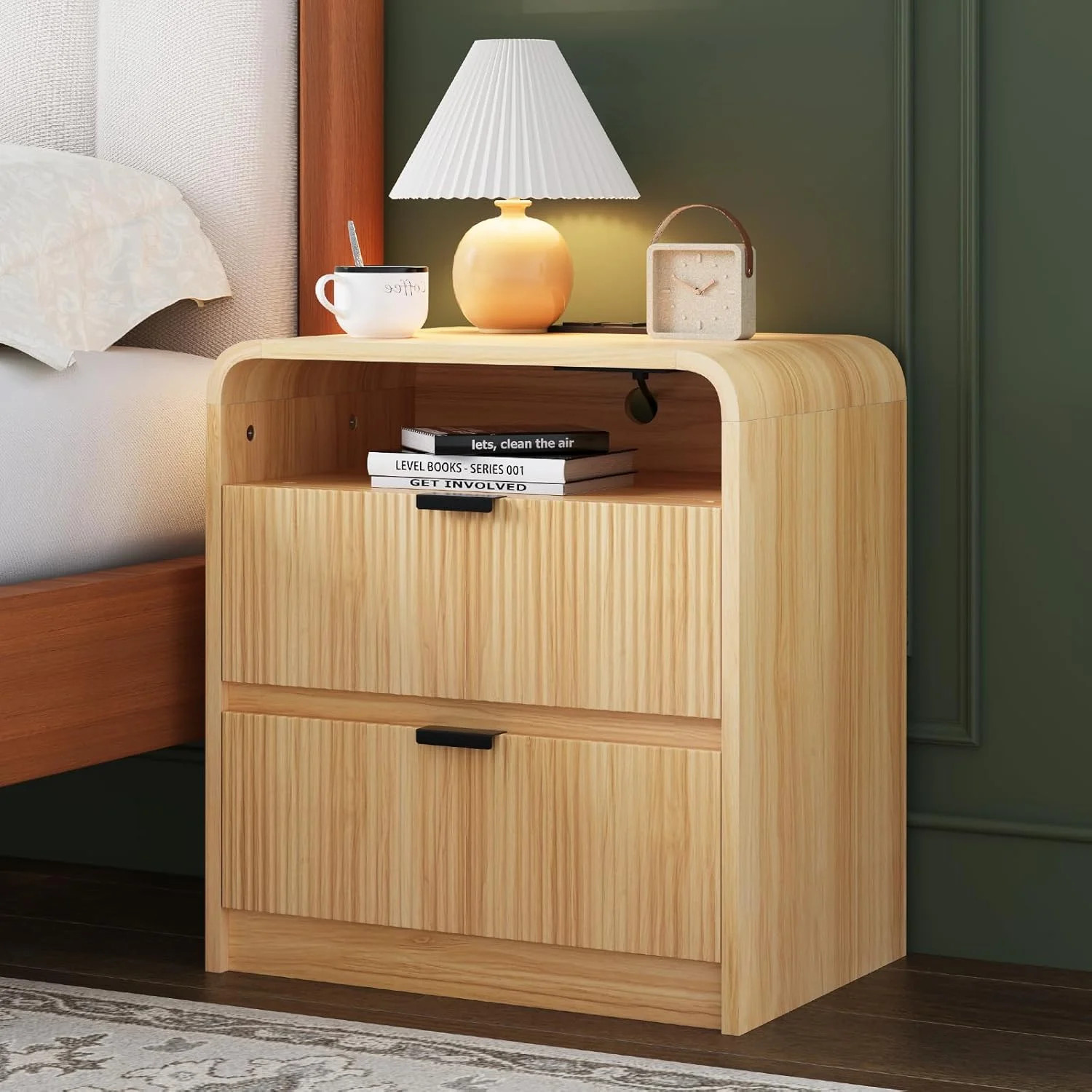 Selooye Fluted Nightstand with Charging Station, 24" Modern Side Table with 2 Drawers Storage, Be... | Walmart (US)