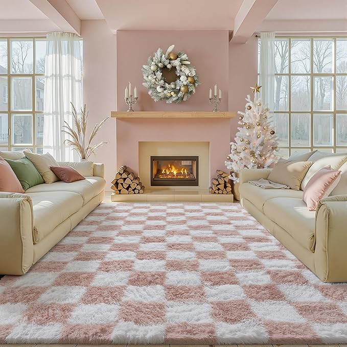 Checkered Rug 8x10 for Living Room, Pink and White Modern Shag Rugs Super Soft Washable Indoor Of... | Amazon (US)