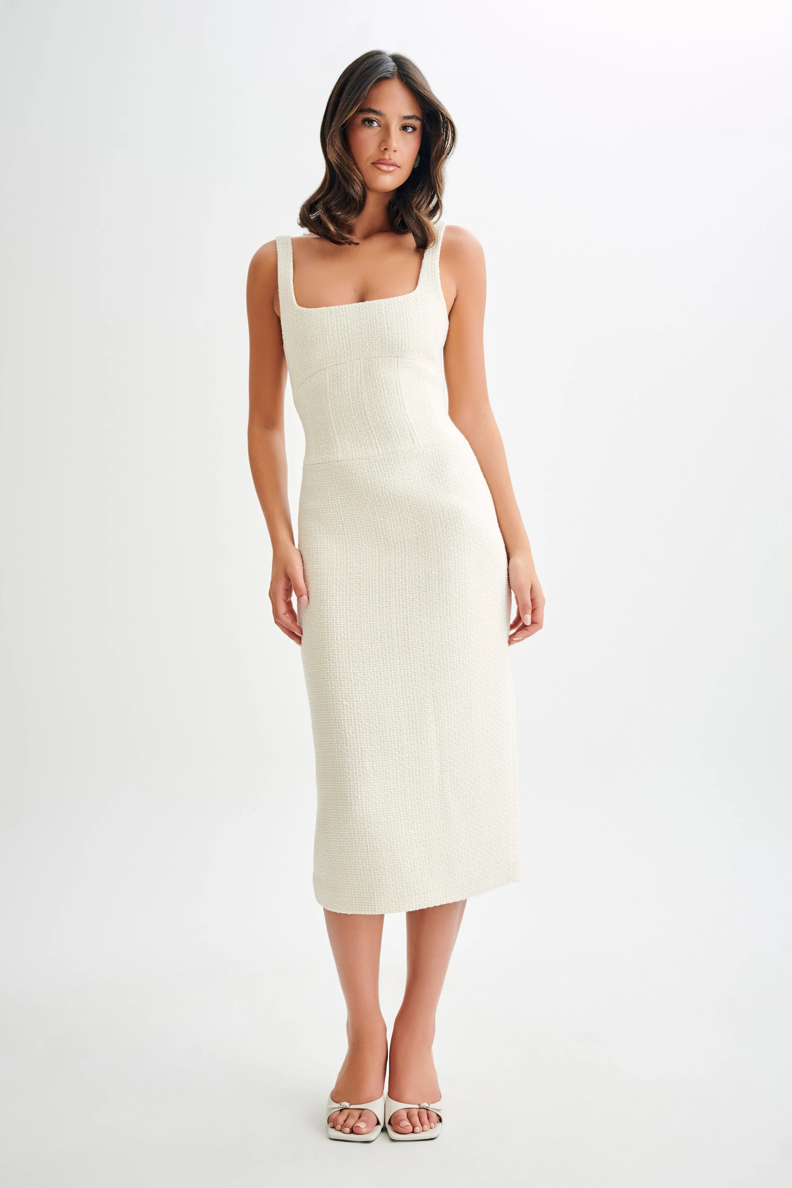 Calder Tweed Midi Dress - Ivory | MESHKI US