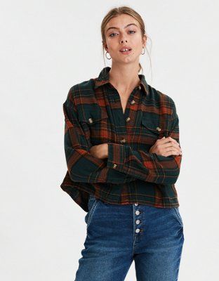 AE Plaid Cropped Button Up Shirt | American Eagle Outfitters (US & CA)