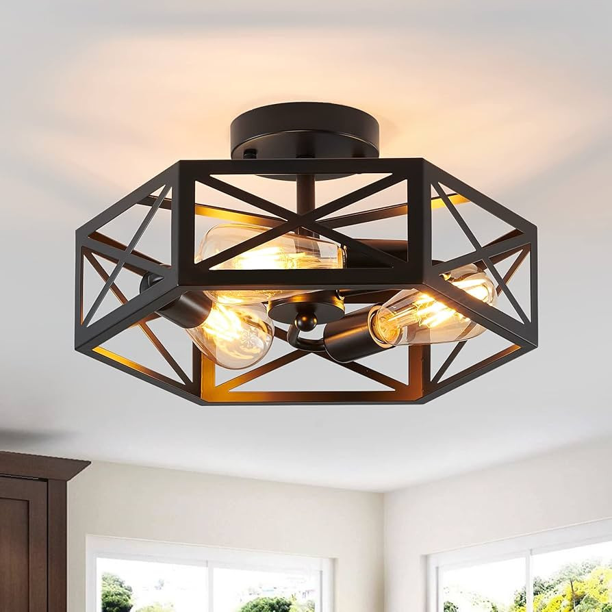 Semi Flush Mount Ceiling Light Fixture, Modern Farmhouse 3-Light Black Ceiling Light, Industrial ... | Amazon (US)