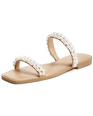 Coutgo Womens Flat Sandals Square Open Toe Pearl Two Strap Slip On Beach Slide Dressy Sandal | Amazon (US)