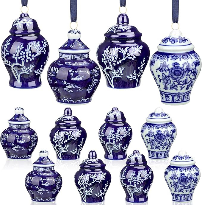 12 Pieces Christmas Ornaments Chinoiserie Porcelain Blue and White Ornaments Mini Ginger Jar Chri... | Amazon (US)