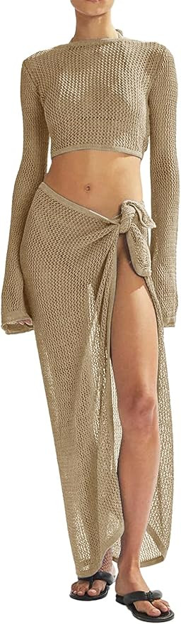 Women's Swimsuits Cover Ups Set for Crochet Bathing Suit Hollow Out 2 Piece Bikini Coverup Beach ... | Amazon (US)