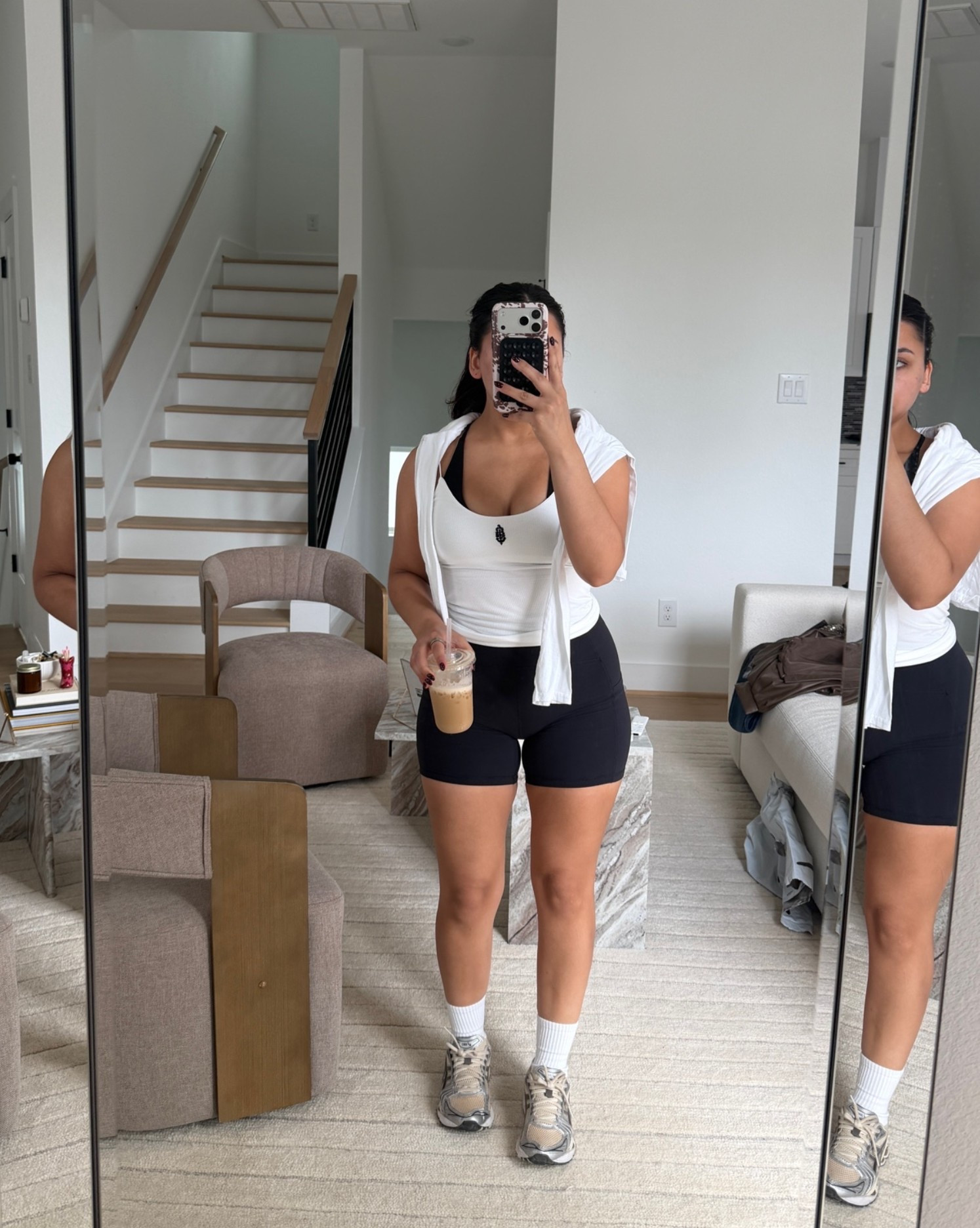 Tank: medium 
Shorts: small
Long sleeve: small
Sneakers: 6.5 women 
White socks

#LTKootd #LTKActive #LTKmorningroutine