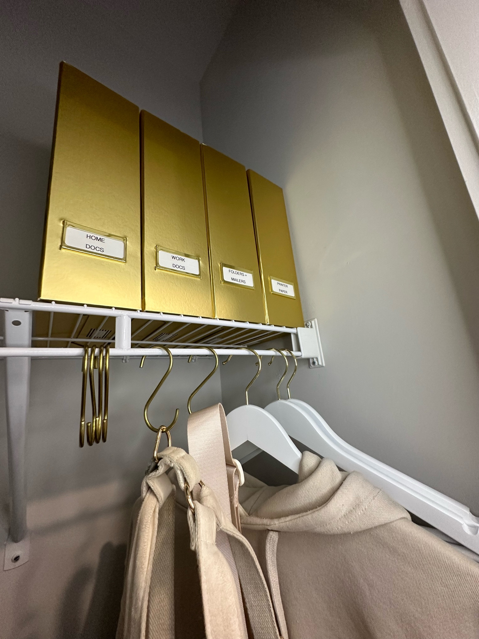 If you live in a small space like me, sometimes you have to get creative. I use my tiny coat closet to hang things like bags, dog harnesses, and sweatshirts. But I also use the shelf for home office storage!

#homeorganization

#LTKHome #LTKFindsUnder50 #LTKFamily