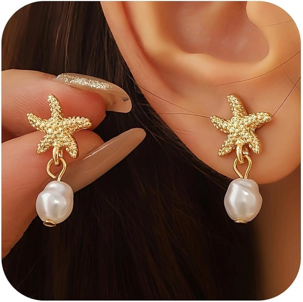 Seashell Starfish Earrings Beach Jewelry for Women Pearl Drop Shell Earrings Ocean Beachy Fashion... | Amazon (US)