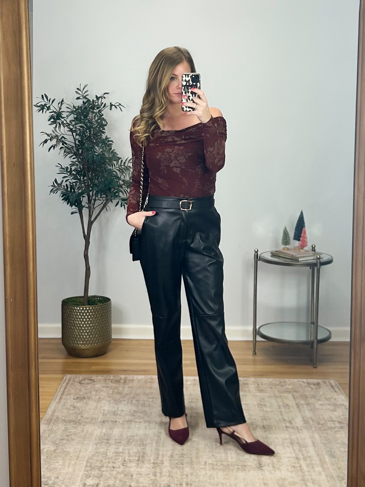 Lulus holiday outfit inspo! Love this mesh top! Pairs perfectly with these faux leather pants and gorgeous burgundy heels! Size M in the top and pants! 

#LTKSeasonal #LTKFindsUnder50 #LTKHoliday