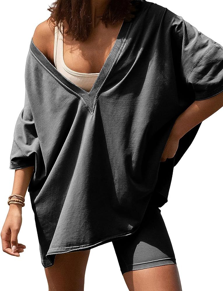 2 Piece Outfits for Women Hot Shot Reversible Set Oversized V Neck T-Shirt Tops Biker Short Track... | Amazon (US)