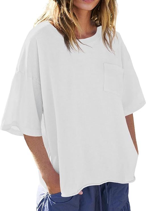 Tankaneo Womens Oversized T Shirts Short Sleeve Drop Shoulder Round Neck Summer Basic Tops | Amazon (US)