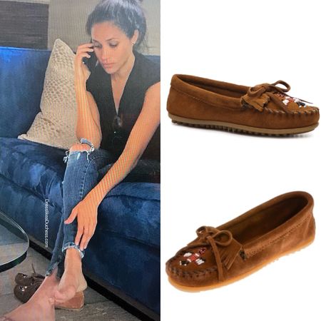 Meghan wearing Minnetonka thunderbird II slippers (rubber sole not soft sole) #shoes #flats 

#LTKshoecrush