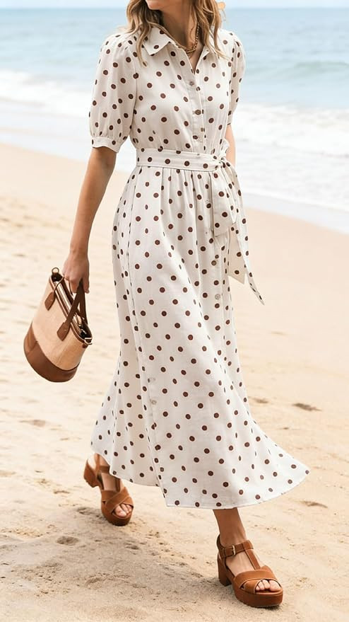 CHARTOU Women’s Polka Dot Midi Dress Puff Short Sleeve Button Down Shirt Dress with Belt for Ca... | Amazon (CA)