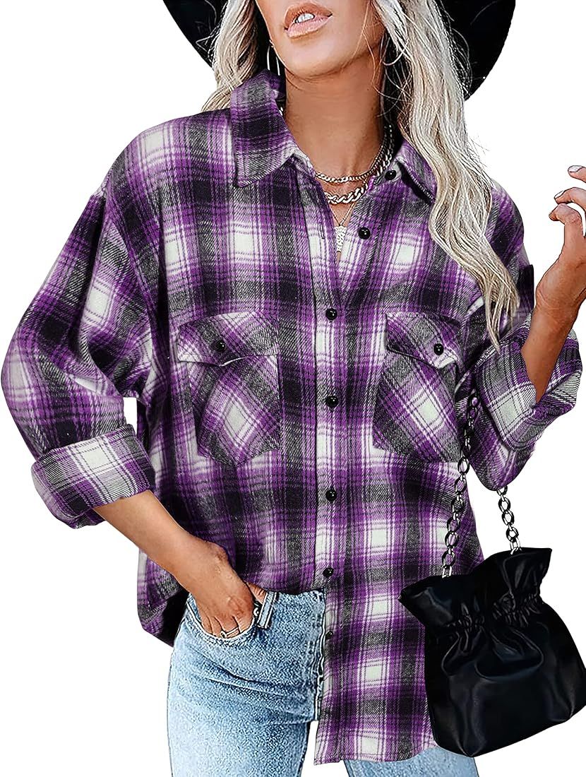 BTFBM Women Long Sleeve Shirts Button Down Plaid Casual Flannel Shirt Boyfriend Blouse Top Jacket Sh | Amazon (US)