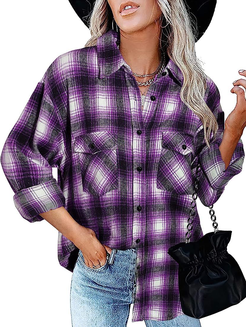 BTFBM Women Long Sleeve Shirts Button Down Plaid Casual Flannel Shirt Boyfriend Blouse Top Jacket Sh | Amazon (US)