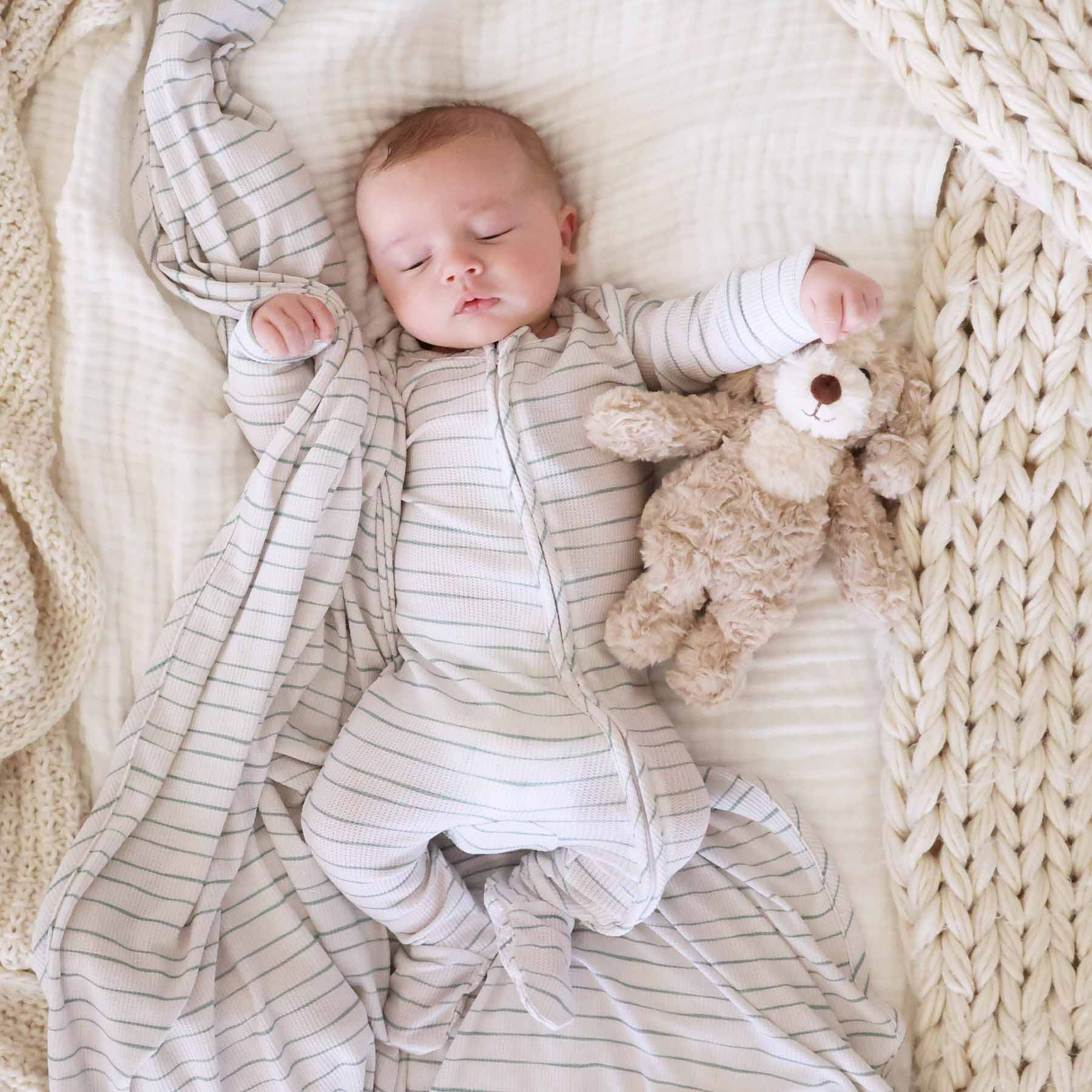 Sage's Stripes Waffle Bamboo Zipper Footie | Caden Lane