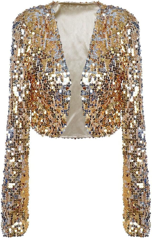 PrettyGuide Women Sequin Jacket Long Sleeve Sparkly Cropped Shrug Clubwear | Amazon (US)