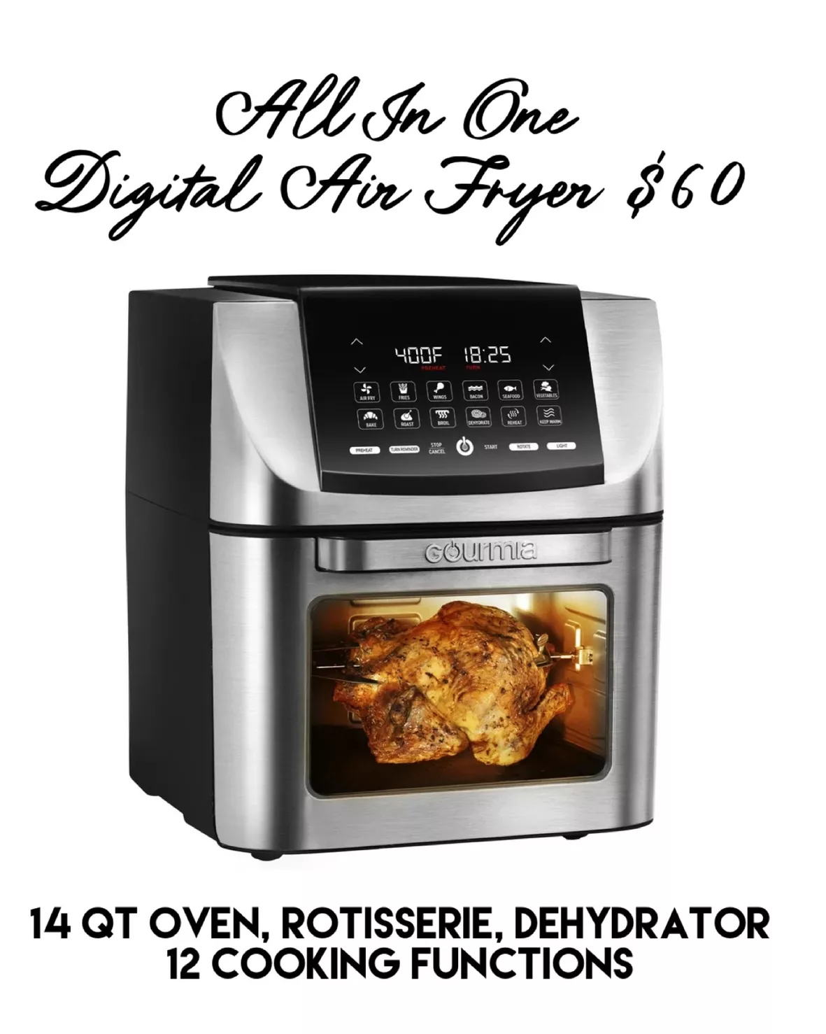 Gourmia 14qt All-in-one Digital Air Fryer, Oven, Rotisserie