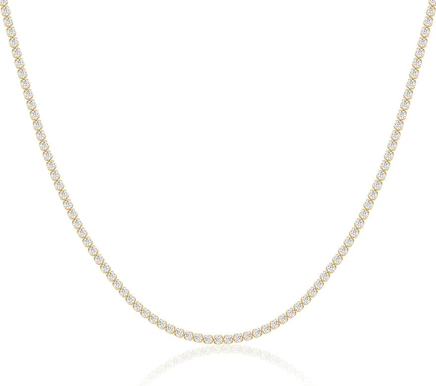 18K Gold/Silver Plated Cubic Zirconia Tennis Necklace Dainty Classic Magnificent Round Tennis Chain  | Amazon (US)