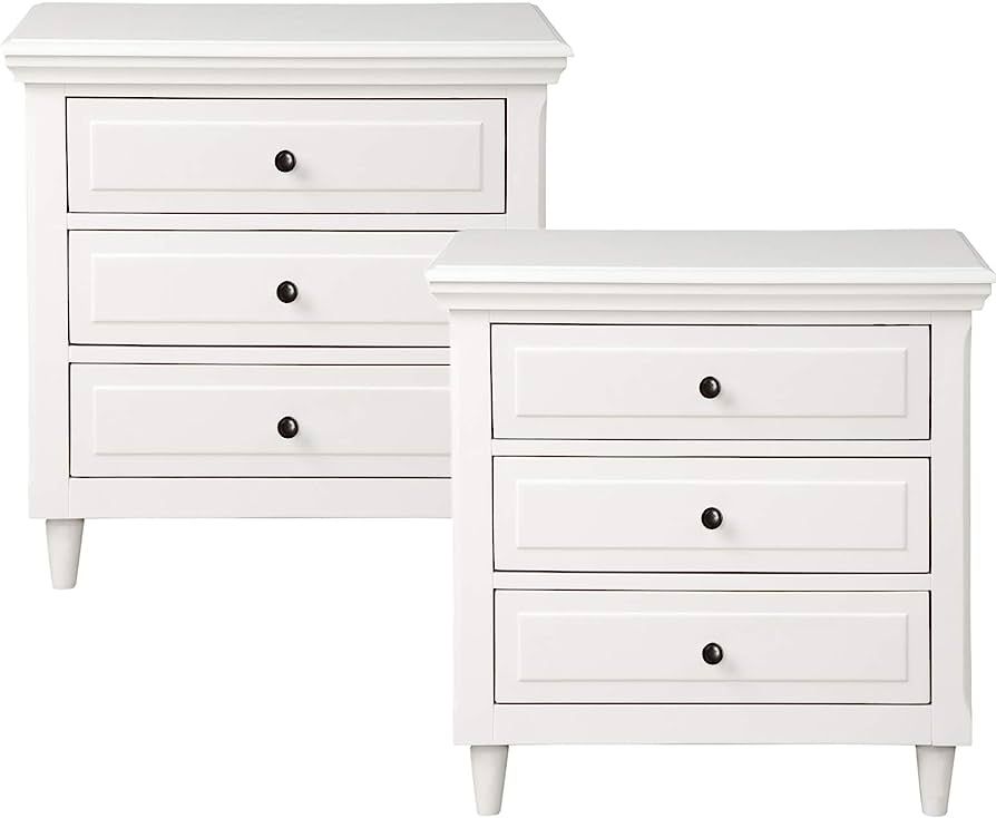 TITA-DONG 3 Drawer Wood Nightstand Set of 2, White Wood Bedside Table,3 Drawers Dresser Side End Tab | Amazon (US)