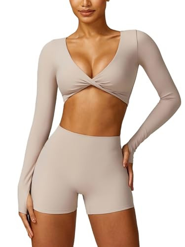 ABOCIW Workout Sets for Women Twist Front Long Sleeve Crop Top Scrunch Butt High Waist Biker Shorts 2 Piece Gym Sets Twist Front Khaki Small | Amazon (US)