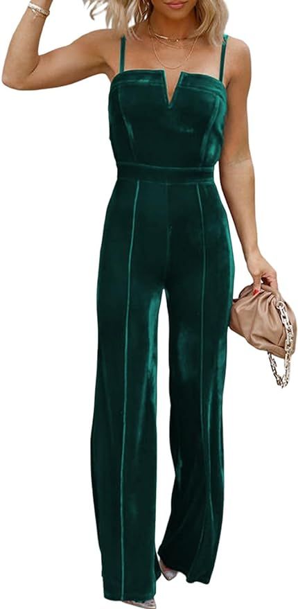 BLENCOT Sleeveless Velvet Jumpsuits For Women V Neck Spaghetti Straps Wide Leg Long Pants Dressy ... | Amazon (US)