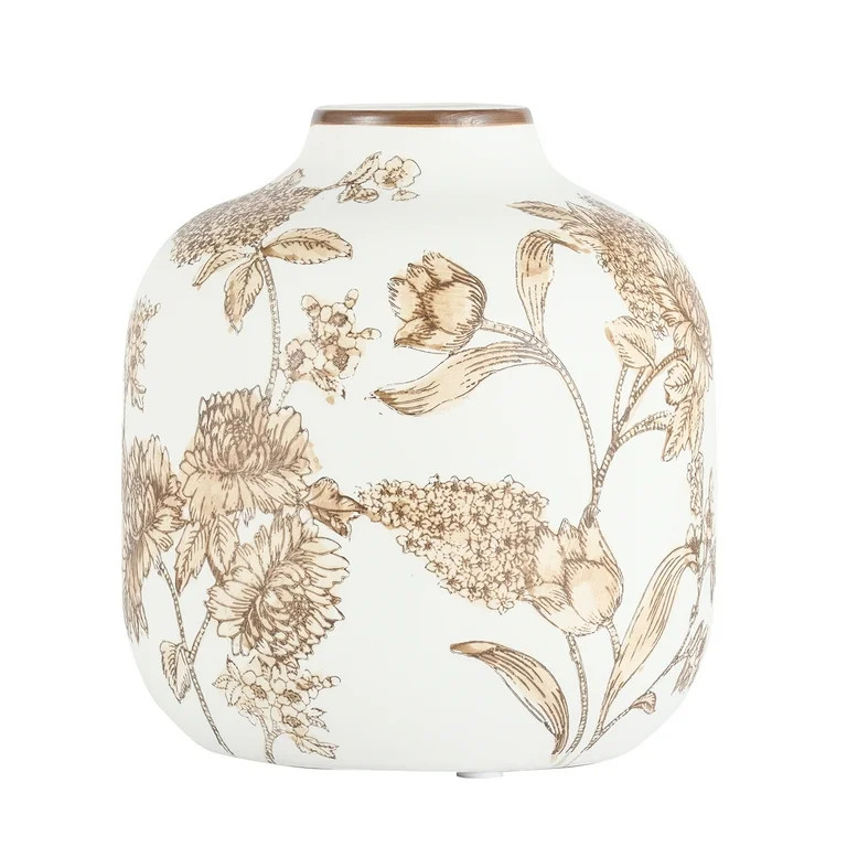 Home Decor Collection White Ceramic Brown Floral Painted Tabletop Vase | Walmart (US)