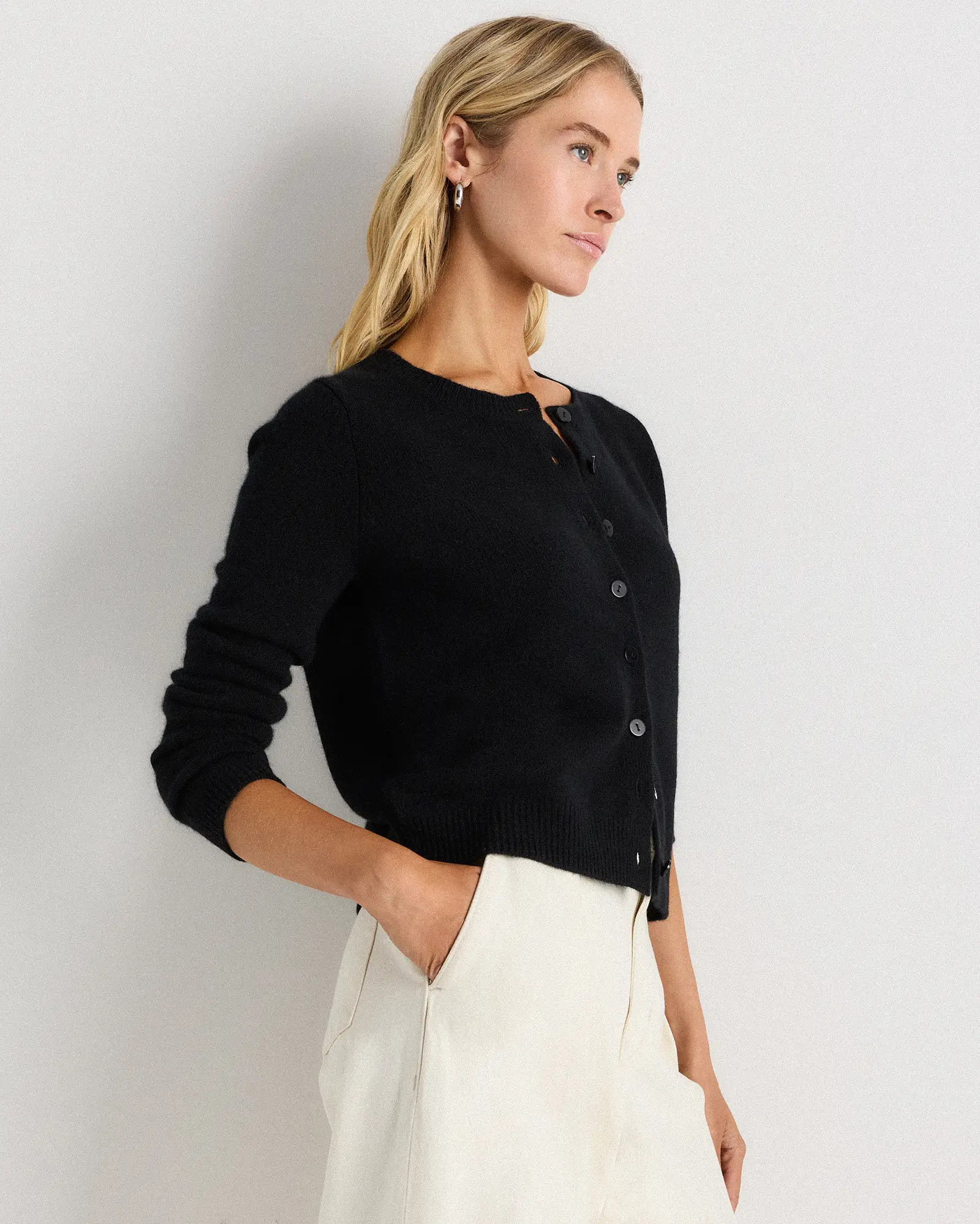 Mongolian Cashmere Cropped Crew Cardigan in Black | Quince