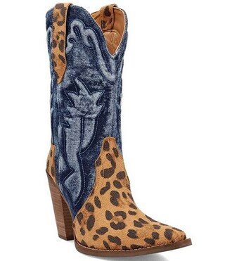 Dingo Tipsy Leopard Print Suede Puffed Stitch Denim Shaft Western Mid Calf Boots | Dillard's | Dillard's