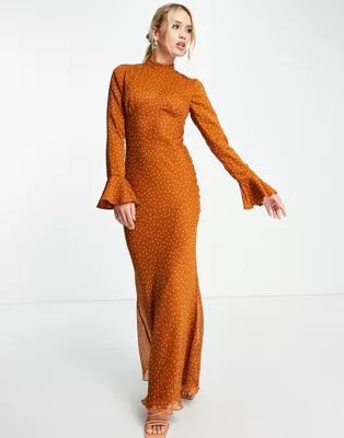 ASOS DESIGN high neck maxi dress with flared cuffs in rust dot | ASOS (Global)
