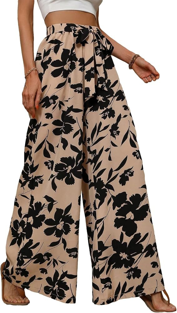 GORGLITTER Women's Wide Leg Palazzo Pants High Waist Tied Belt Flowy Loose Lounge Pants Trousers | Amazon (US)