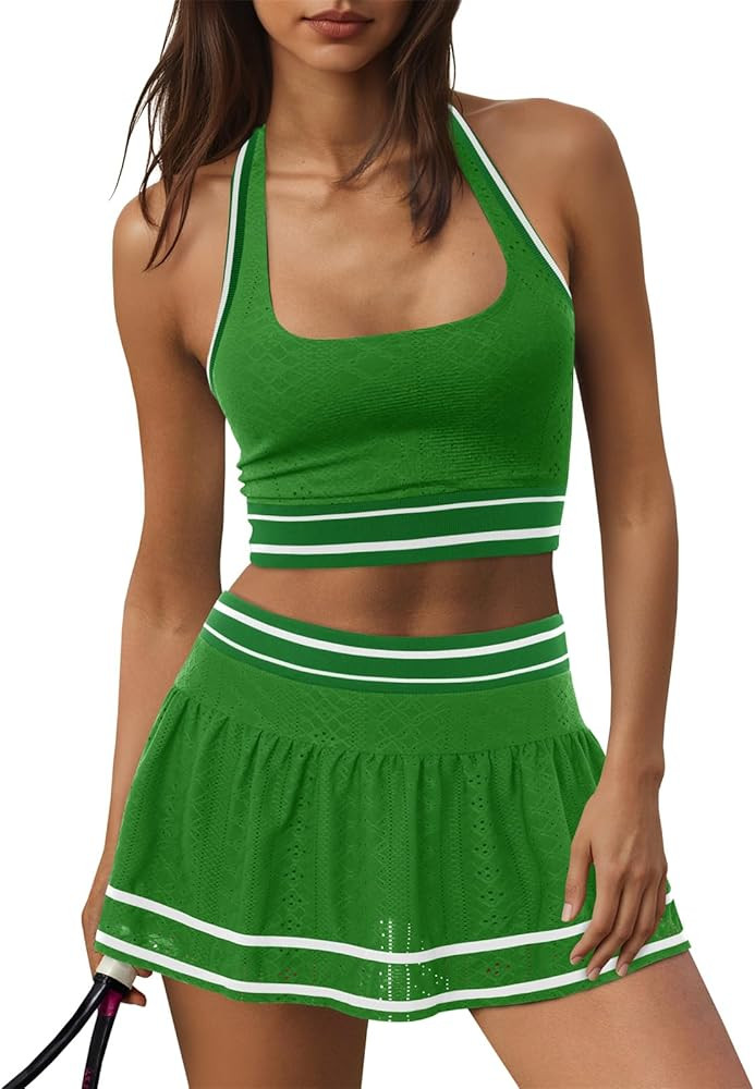 Fisoew Womens 2 Piece Tennis Skirt Sets Workout Set Halter Backless Sports Bra and Golf Skort Ath... | Amazon (US)