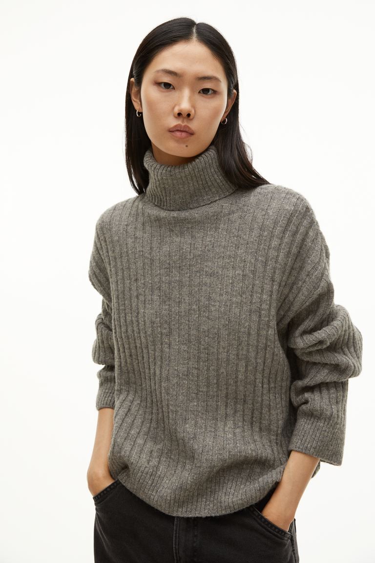 Rib-knit polo-neck jumper - Grey marl - Ladies | H&M GB | H&M (UK, MY, IN, SG, PH, TW, HK)