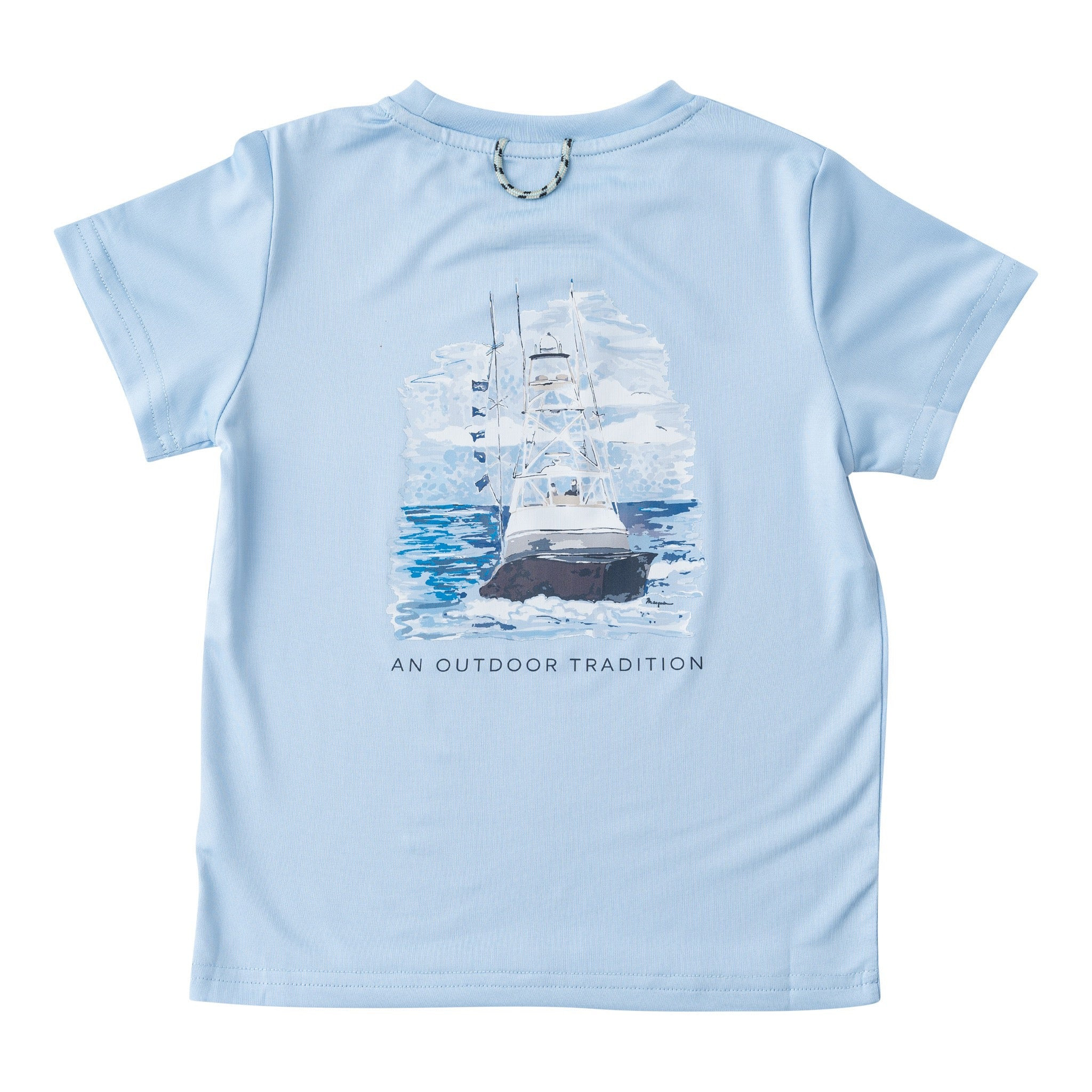 Kids' Pro Performance Short Sleeve Fishing T-Shirts in Powder Blue with Sportfisher Boat | PRODOH