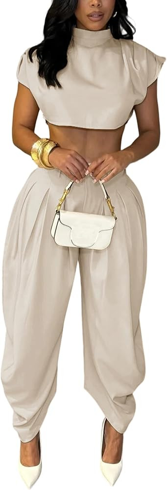 Ekaliy Casual Two Piece Sets For Women Mock Neck Short Sleeve Crop Tops and Palazzo Pants Set Sum... | Amazon (US)